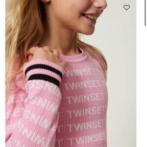Twin-Set Pink Logo Knit Sweater with Black Stripe Cuffs